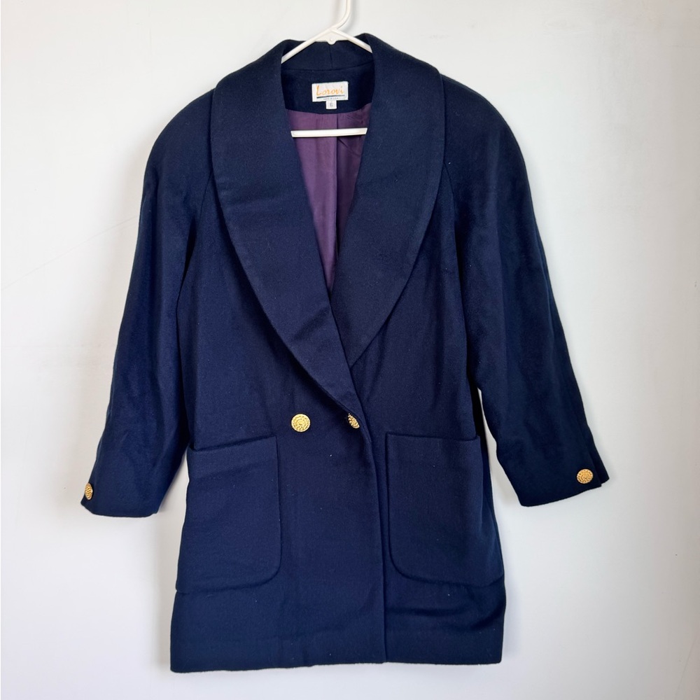 Vintage Lorovi Dark Blue Blazer Wool Blend Jacket with Gold Accents Size 6